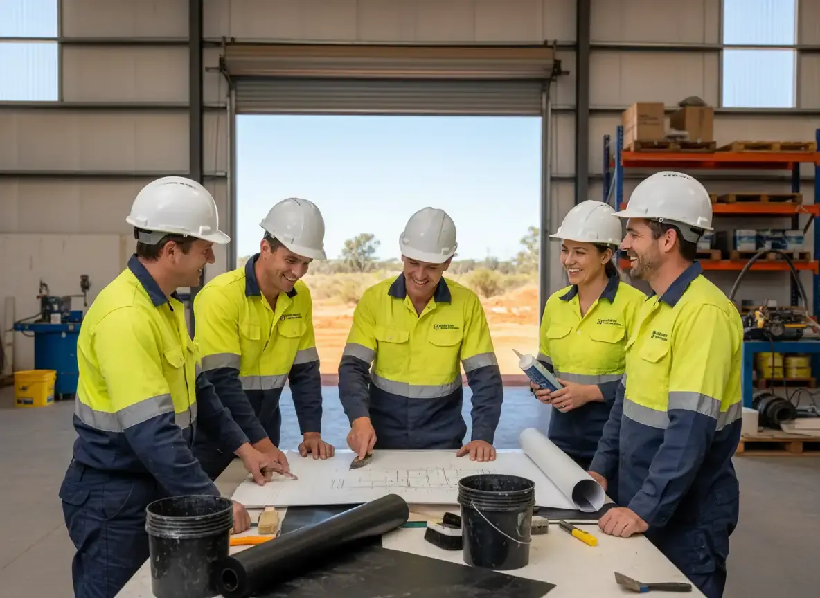 waterproofing perth: five hi-vis workers reviewing a plan on a table beside membrane rolls and sealant tube