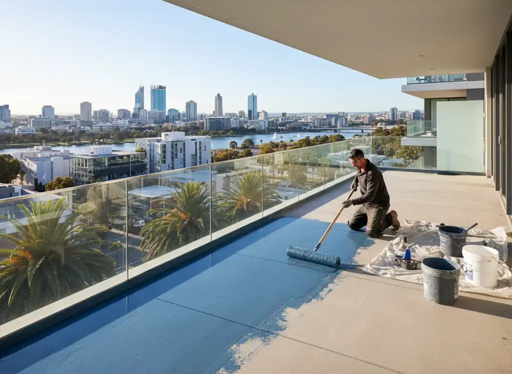 waterproofing perth: worker rolling blue coating onto a balcony floor beside glass balustrade and city view