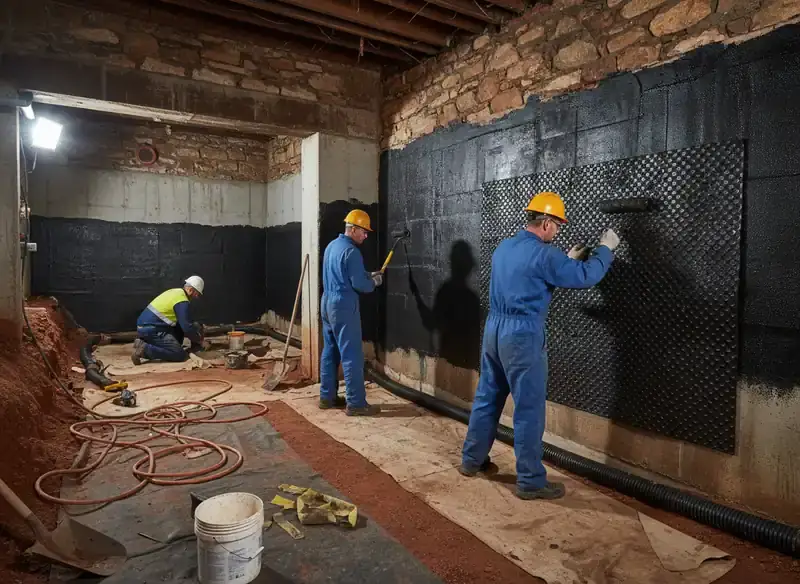 waterproofing perth: crew applying black membrane and drainage board to basement stone and concrete walls