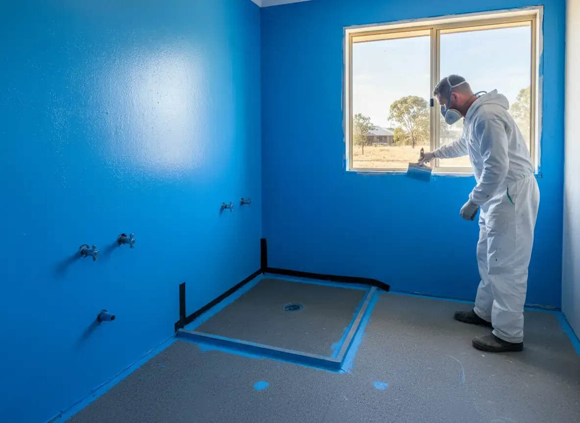 waterproofing perth: worker in white coveralls and respirator applying blue coating to bathroom walls and floor