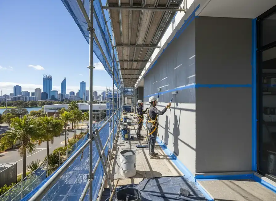 waterproofing perth: two workers rolling coating onto a blue-taped grey wall from scaffolding on a multi-storey building