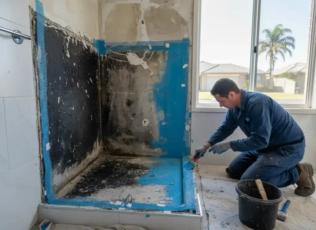 waterproofing perth: worker brushing blue membrane onto a damaged shower recess with mesh tape over cracks