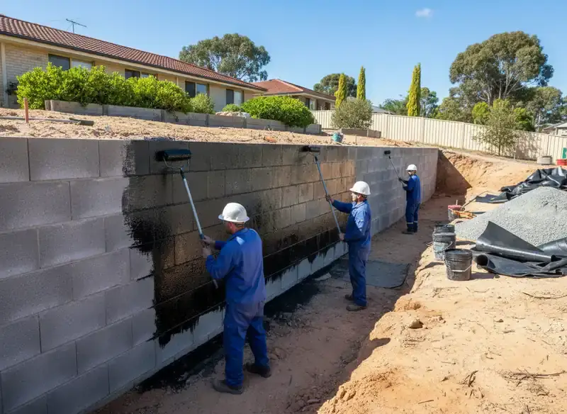 waterproofing perth: three workers rolling black coating onto a concrete block retaining wall in a backyard