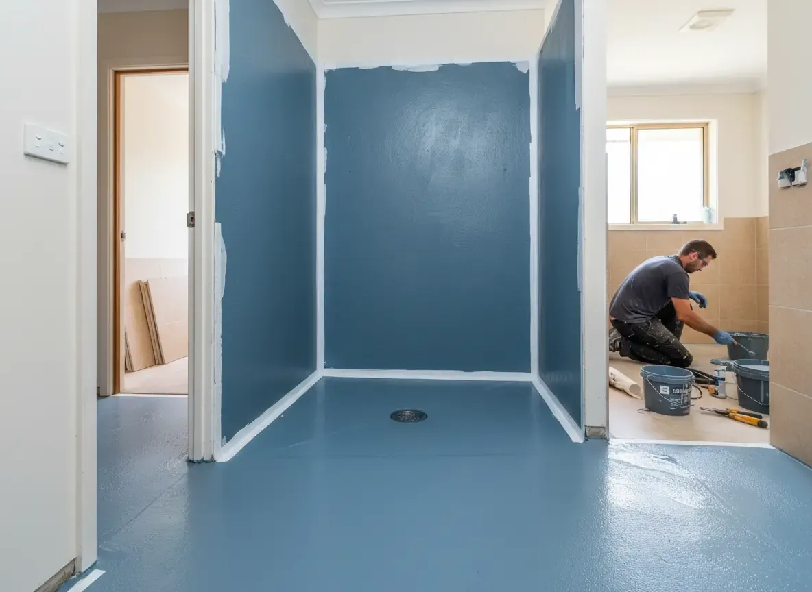 waterproofing perth: blue-grey coated shower recess with floor drain and worker kneeling in adjacent room